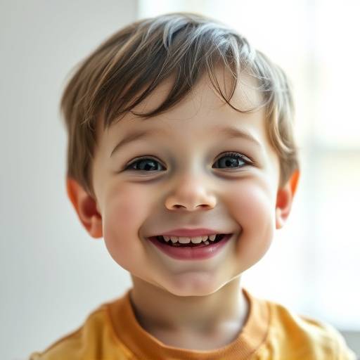 A child's candid portrait, captured with a playful smile and bright, airy lighting characteristic of Studio A.