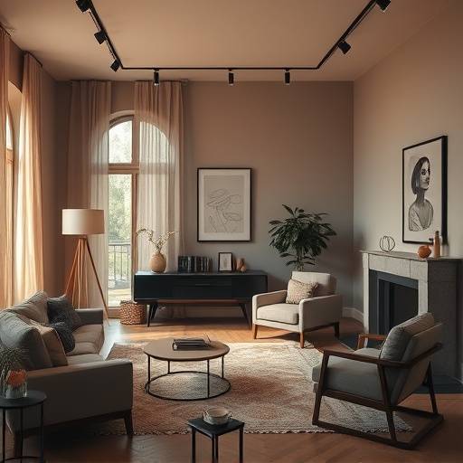 A cozy studio with warm lighting, elegant furniture, and a muted color palette, ideal for portrait sessions and intimate productions.