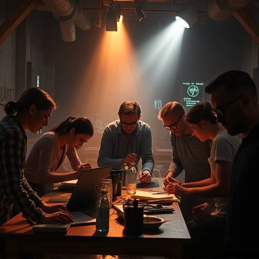 A group of artists collaborating around a table in The Creative Core, with ambient lighting.