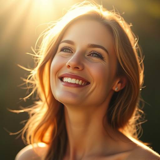 A radiant portrait of a woman bathed in soft, diffused natural light from large windows, highlighting her features with a warm glow.