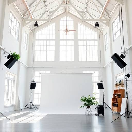 A spacious studio with high ceilings and large windows, showcasing ample natural light and a versatile white backdrop.