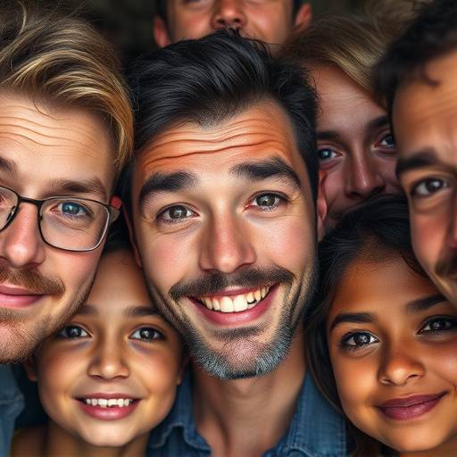 Close-up portrait of a diverse group of individuals, each with unique expressions and subtle lighting to enhance their features.