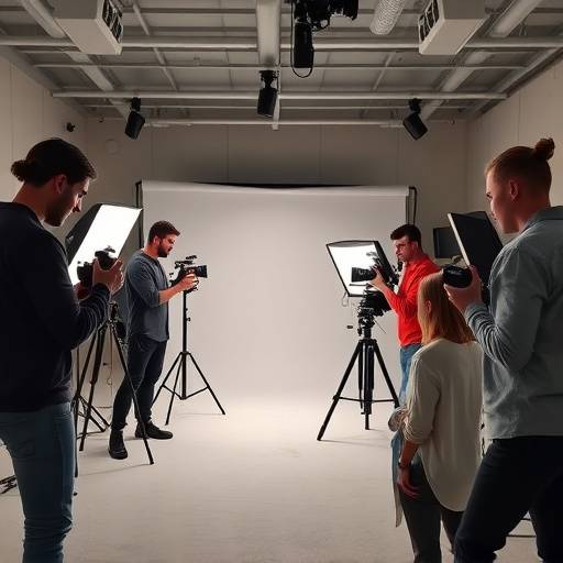 Diverse group of photographers collaborating in a well-lit studio space.