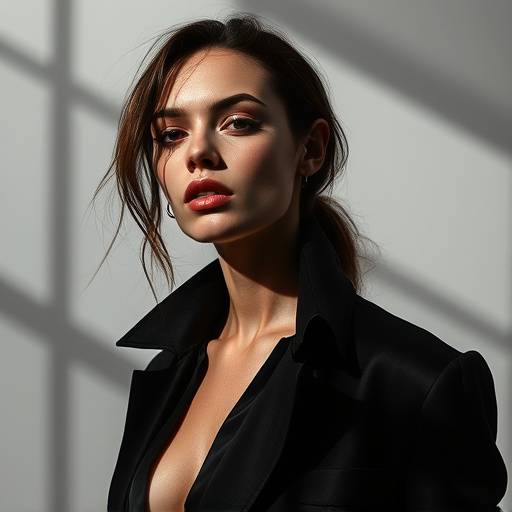 High-fashion editorial with sharp lines and dramatic shadows, set against the exposed brick and metal elements of Studio B.
